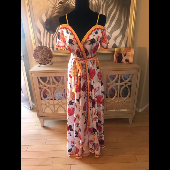 LAST ☝️Sz S  🌹 Roses Peep Leg Bardot Maxi Dress - Picture 3 of 8